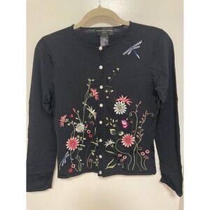 August Silk Cardigan M Vintage Y2K Embroidered Dragonfly Floral Knit Cropped EUC